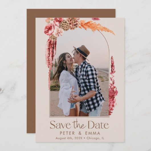 Blush roze | Boho Save the Date Pampas Grass Photo Feestdagenkaart (Voorkant / Achterkant)