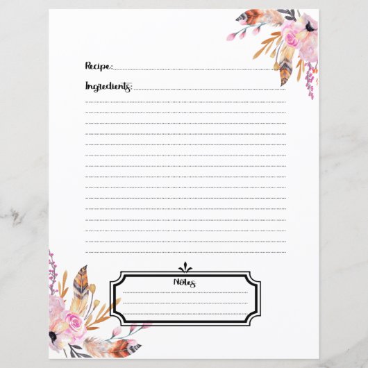 Blush roze boho veren wit recept vel insert (Voorkant)