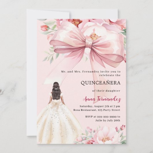 Blush roze boog bloemen jurk Quinceanera Kaart (Voorkant)