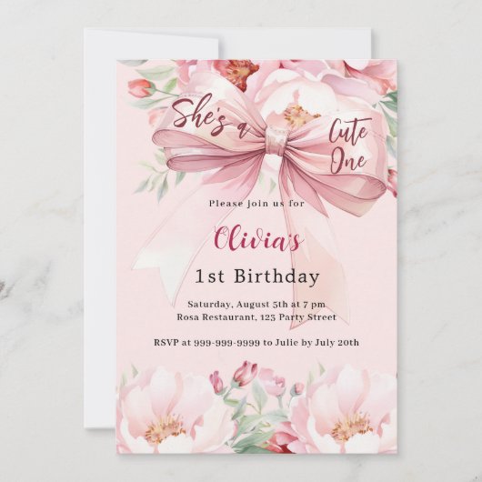 Blush roze boog bloemen schattig een 1e verjaardag kaart (Voorkant)