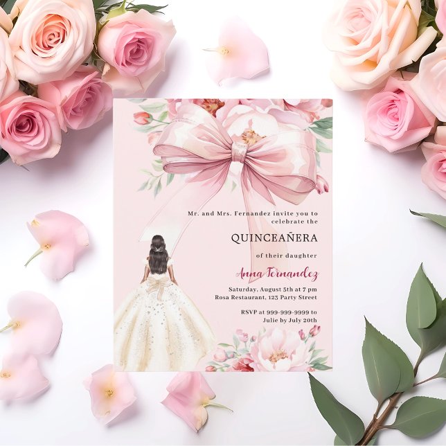 Blush roze boog bloemenjurk Quinceanera uitnodigin (Creator heeft geüpload)