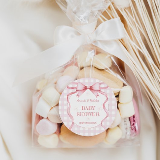 Blush roze boog lint baby meisje douche ronde sticker