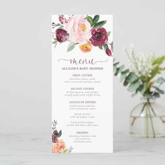 Blush roze bordeaux herfst bloemendouchemenu programmakaart (Staand voorkant)