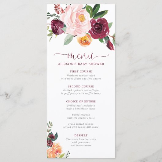 Blush roze bordeaux herfst bloemendouchemenu programmakaart (Voorkant)