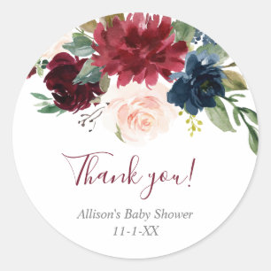 Blush roze bordeaux marine blauw bloemen elegant ronde sticker