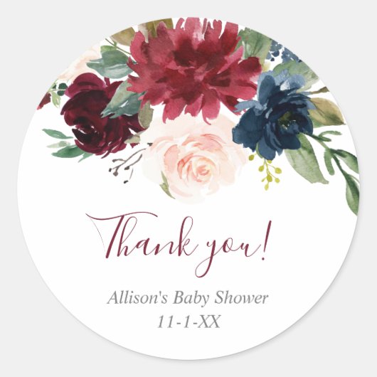 Blush roze bordeaux marine blauw bloemen elegant ronde sticker (Voorkant)