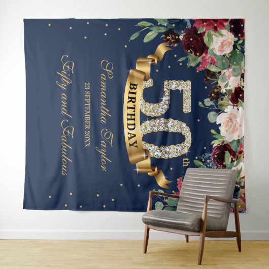 Blush roze bordeaux marine bloemenboho 50e verjaar wandkleed (In Situ (horizontaal))