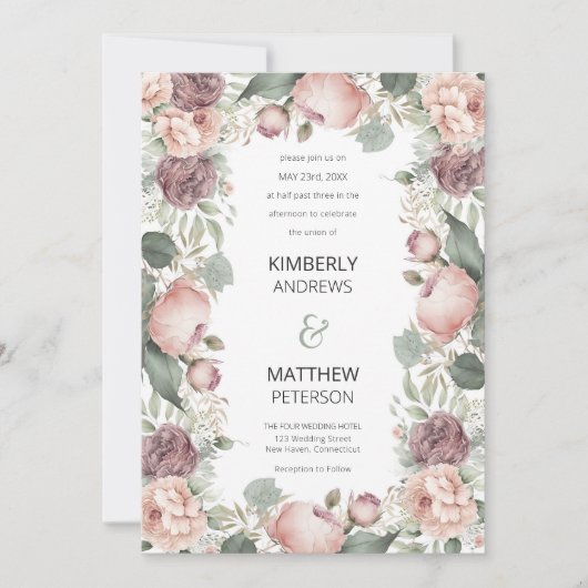 Blush roze bordeaux munt pioen bloemenbruiloft kaart (Voorkant)