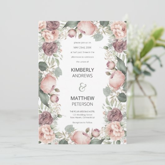 Blush roze bordeaux munt pioen bloemenbruiloft kaart (Staand voorkant)