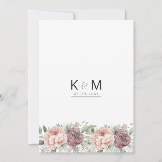Blush roze bordeaux munt pioen bloemenbruiloft kaart (Achterkant)