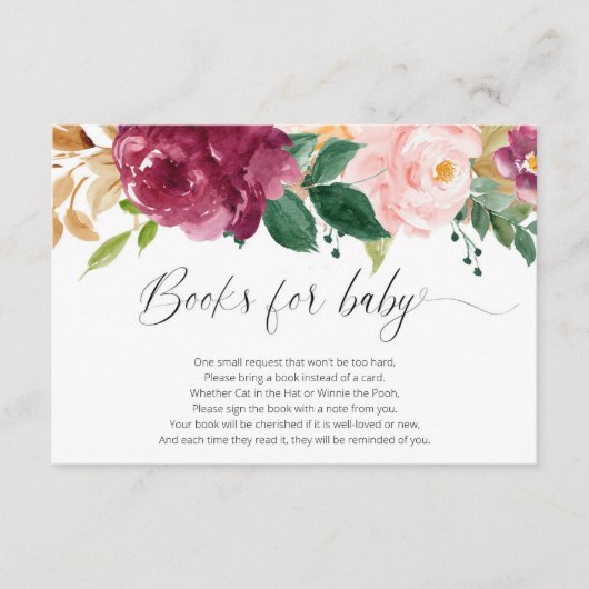 Blush roze bordeauxrode bloemen waterverven boeken informatiekaartje (Voorkant)