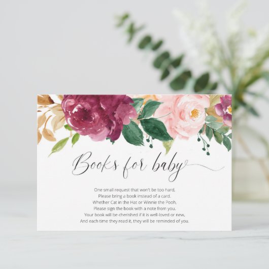 Blush roze bordeauxrode bloemen waterverven boeken informatiekaartje (Staand voorkant)
