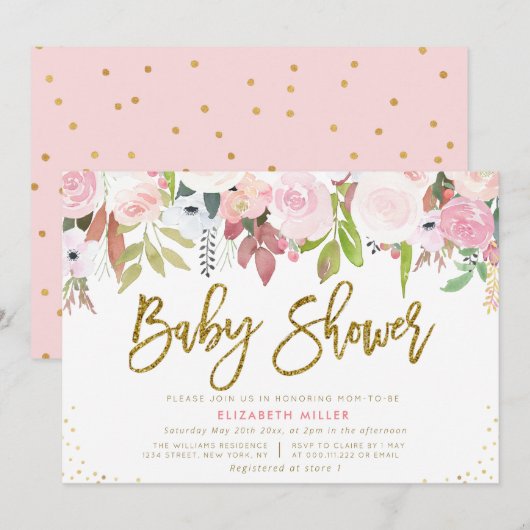 Blush roze botanische baby shower kaart (Voorkant / Achterkant)