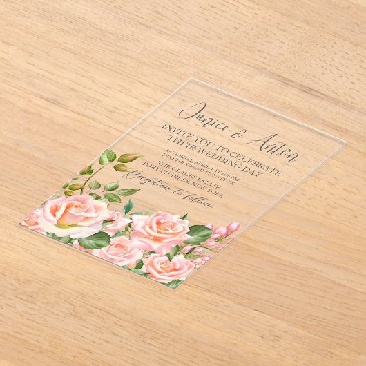Blush roze botanische bruiloft acryl uitnodigingen (Laagn)