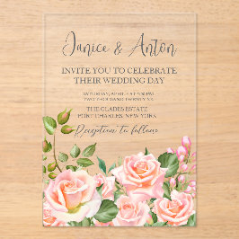 Blush roze botanische bruiloft acryl uitnodigingen