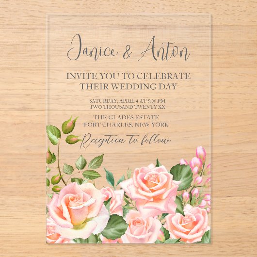 Blush roze botanische bruiloft acryl uitnodigingen (Voorkant)