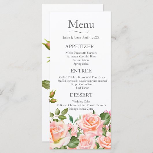Blush roze botanische bruiloft menu (Voorkant / Achterkant)