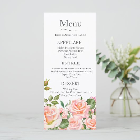 Blush roze botanische bruiloft menu (Staand voorkant)