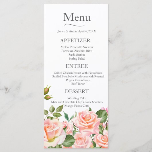 Blush roze botanische bruiloft menu (Voorkant)