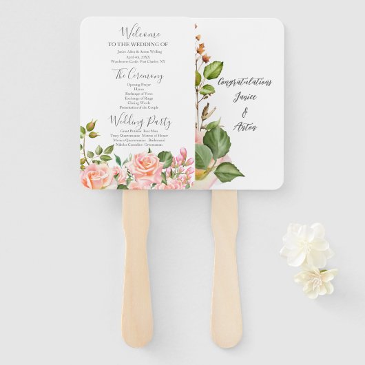 Blush roze botanische bruiloft programma handwaaier (Voorkant en achterkant)