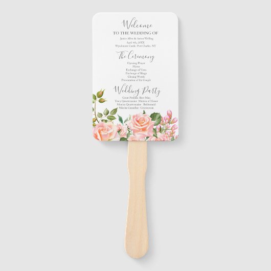 Blush roze botanische bruiloft programma handwaaier (Voorkant)