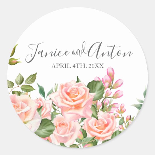 Blush roze botanische bruiloft script ronde sticker (Voorkant)