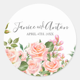 Blush roze botanische bruiloft script ronde sticker