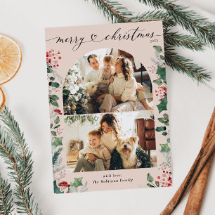 Blush Roze Botanische Foto Merry Christmas Kaart