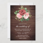 Blush Roze Bourgogne Bloemen Alles in Een Hout Tro Kaart (Voorkant)