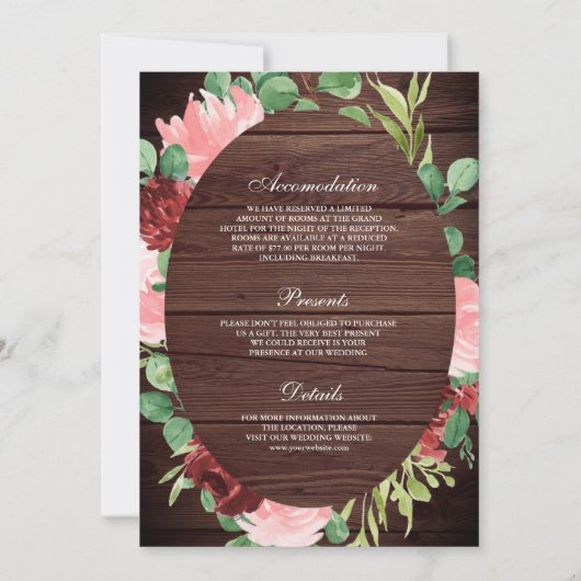 Blush Roze Bourgogne Bloemen Alles in Een Hout Tro Kaart (Achterkant)