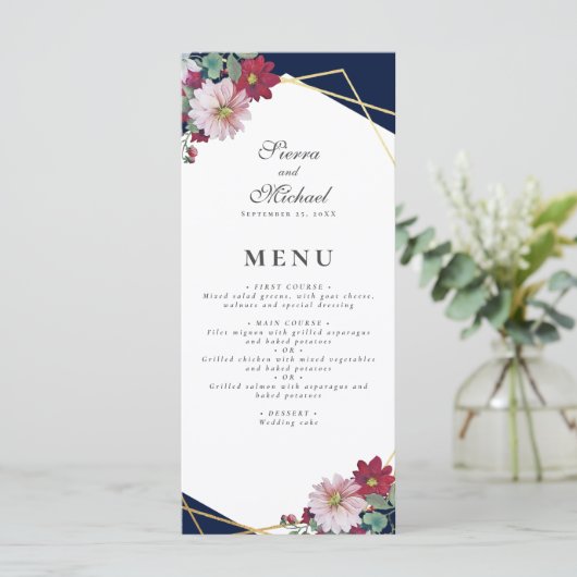 Blush Roze Bourgogne Bloemen Goud Marine Blauw Bru Menu (Staand voorkant)
