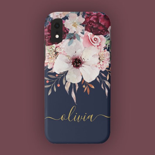 Blush Roze Bourgogne Gouden Bloemen iPhone Case