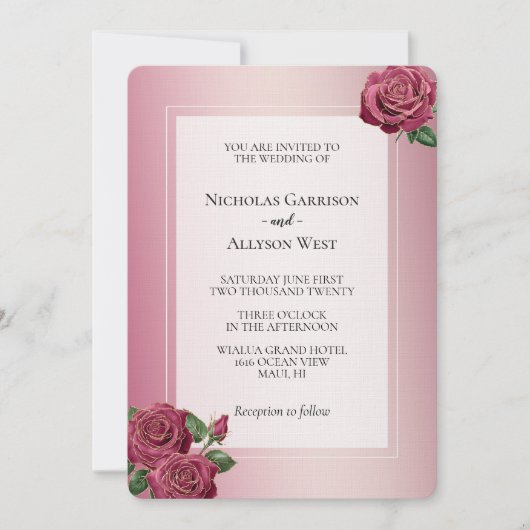 Blush Roze Bourgogne Gouden Rozen Bruiloft Kaart (Voorkant)