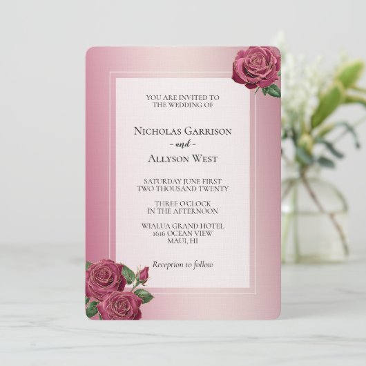 Blush Roze Bourgogne Gouden Rozen Bruiloft Kaart (Staand voorkant)