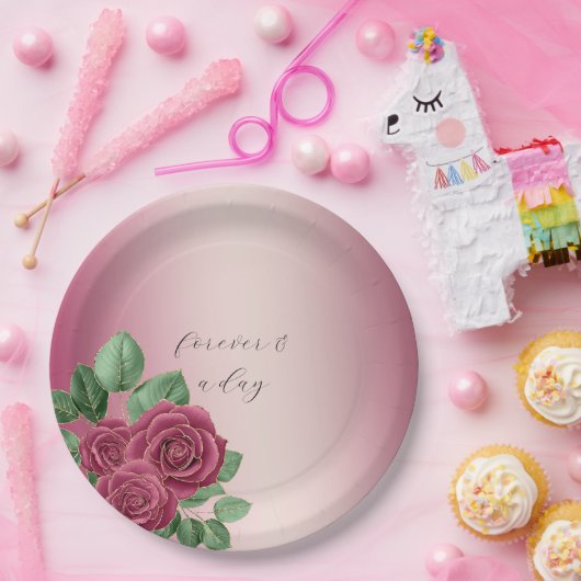 Blush Roze Bourgogne Gouden Rozen Trouwbladeren Papieren Bordje (Feest)