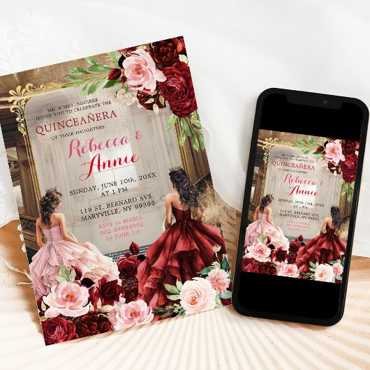 Blush Roze Bourgogne Rode Bloemen Twins Quinceañer Kaart