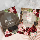Blush Roze Bourgogne Rode Bloemen Twins Quinceañer Kaart