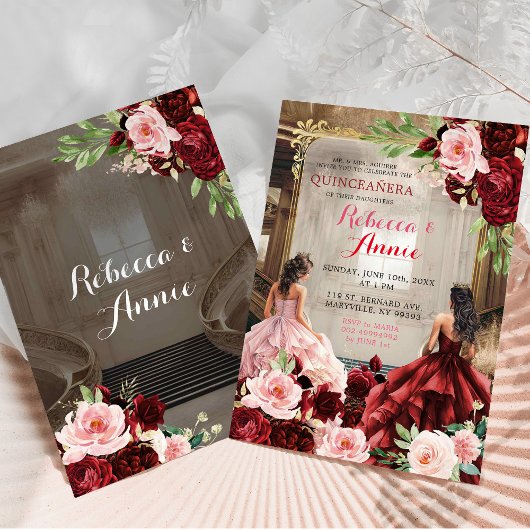 Blush Roze Bourgogne Rode Bloemen Twins Quinceañer Kaart