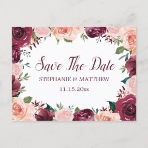 Blush Roze Bourgogne Roos Border Save The Date Aankondigingskaart