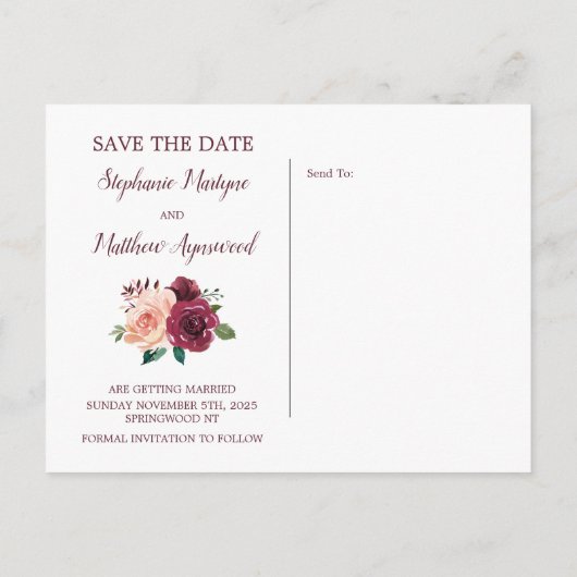 Blush Roze Bourgogne Roos Border Save The Date Aankondigingskaart (Achterkant)