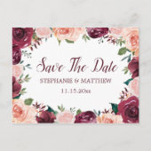 Blush Roze Bourgogne Roos Border Save The Date Aankondigingskaart (Voorkant)