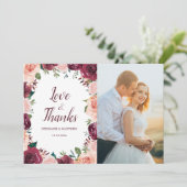 Blush Roze Bourgogne Rozen Border Bruiloft Foto Bedankkaart (Staand voorkant)