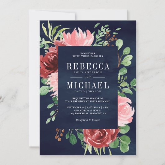 Blush Roze Bourgondië Bloemen Alles in een Navy br Kaart (Voorkant)