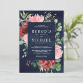 Blush Roze Bourgondië Bloemen Alles in een Navy br Kaart (Staand voorkant)