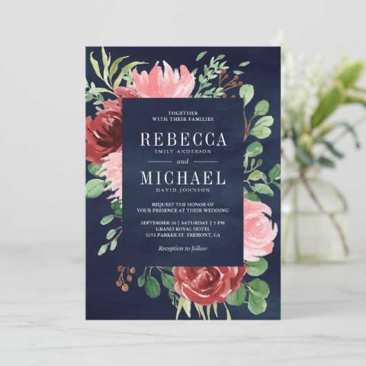 Blush Roze Bourgondië Bloemen Alles in een Navy br Kaart (Staand voorkant)