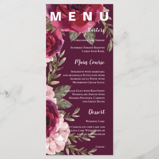 Blush Roze Bourgondië Bloemen Bruiloft Menu (Voorkant)