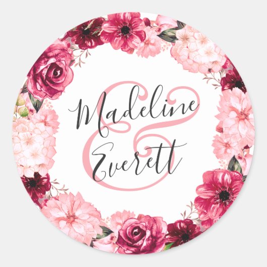 Blush Roze Bourgondië Floral krans Monogram bruilo Ronde Sticker (Voorkant)