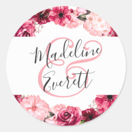 Blush Roze Bourgondië Floral krans Monogram bruilo Ronde Sticker