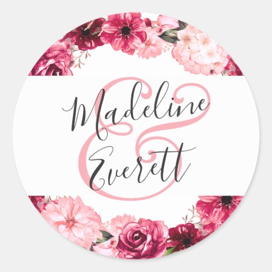 Blush Roze Bourgondië Floral krans Monogram bruilo Ronde Sticker (Voorkant)