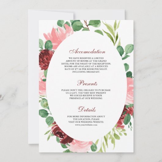 Blush Roze Bourgondische Bloemen Alles in één brui Kaart (Achterkant)